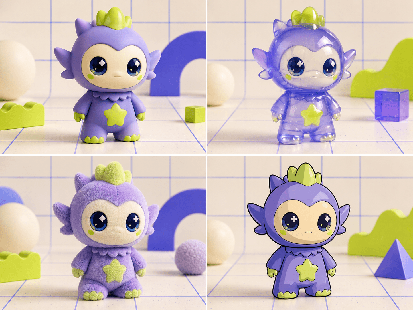 Four AI style model variations of one collectible character